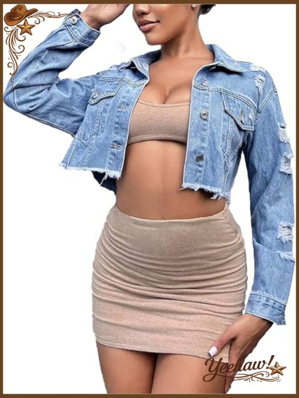 Cropped Distressed Denim Jacket with Frayed Hem Button Down Long Sleeve